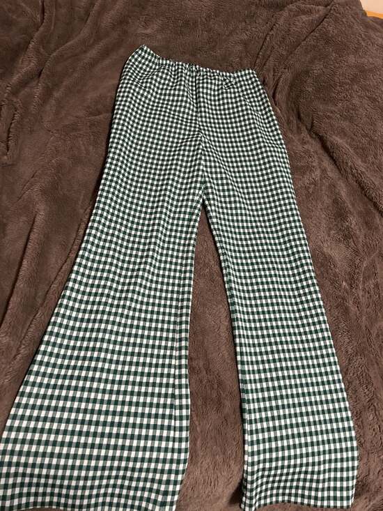 Free People Pants - Free People Dark Green and White Gingham Wide Leg Pull-On Pants